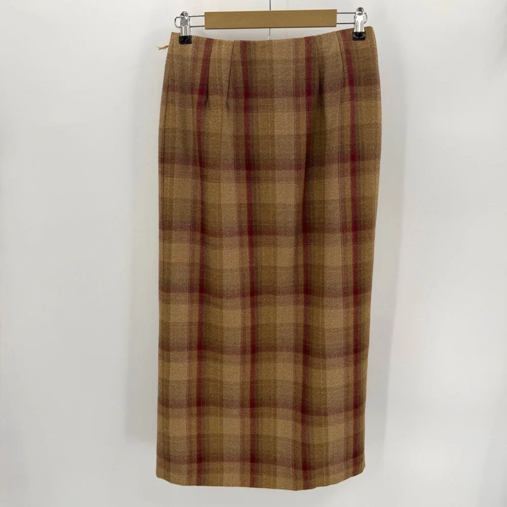 Talbots Wrap Skirt Womens 8 Tan Burgundy Tartan Plaid Wool Fringed Long VTG READ